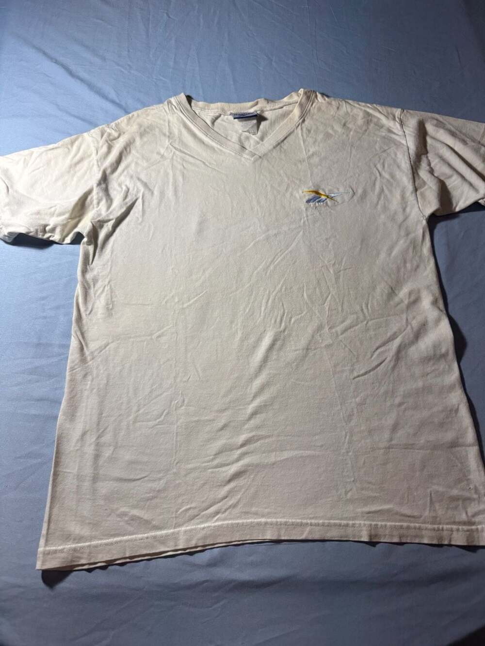 Vintage Reebok Vector Logo V-Neck T-Shirt White Made in USA Size S